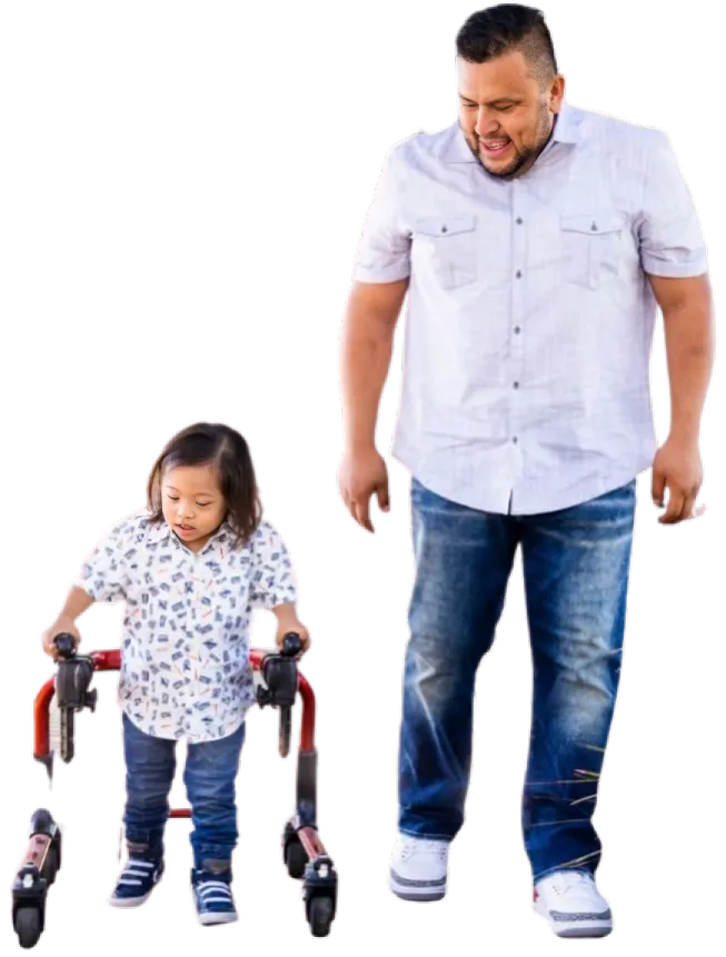 Father walking with child using walker